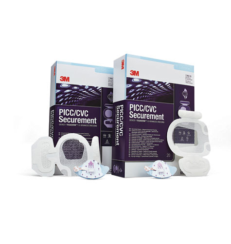 3M™ Tegaderm™ PICC/CVC + Pansement Tegaderm™ I.V. Advanced système de sécurisation de cathéter sans sutures, composé d'un pansement Tegaderm™ I.V. Advanced + un stabilisateur