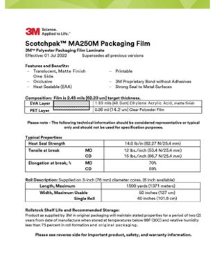 3M™ Polyester Packaging Film Laminate MA250M, Technical Information Sheet