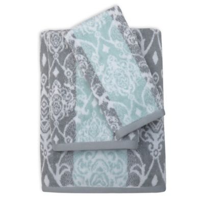 Watercolor Damask Hand Towel in Aqua/Grey - Bed Bath &amp; Beyond