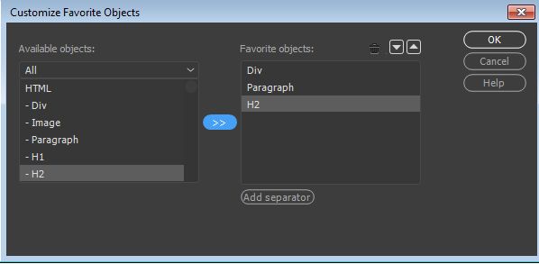 התאמה אישית של מועדפים בחלונית Insert