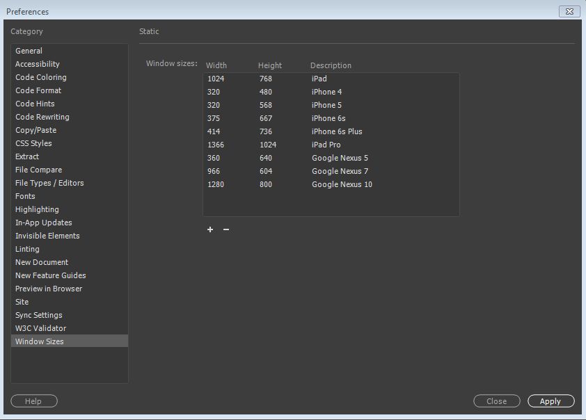 הוספת גדלי חלון לתפריט הנפתח Window Size