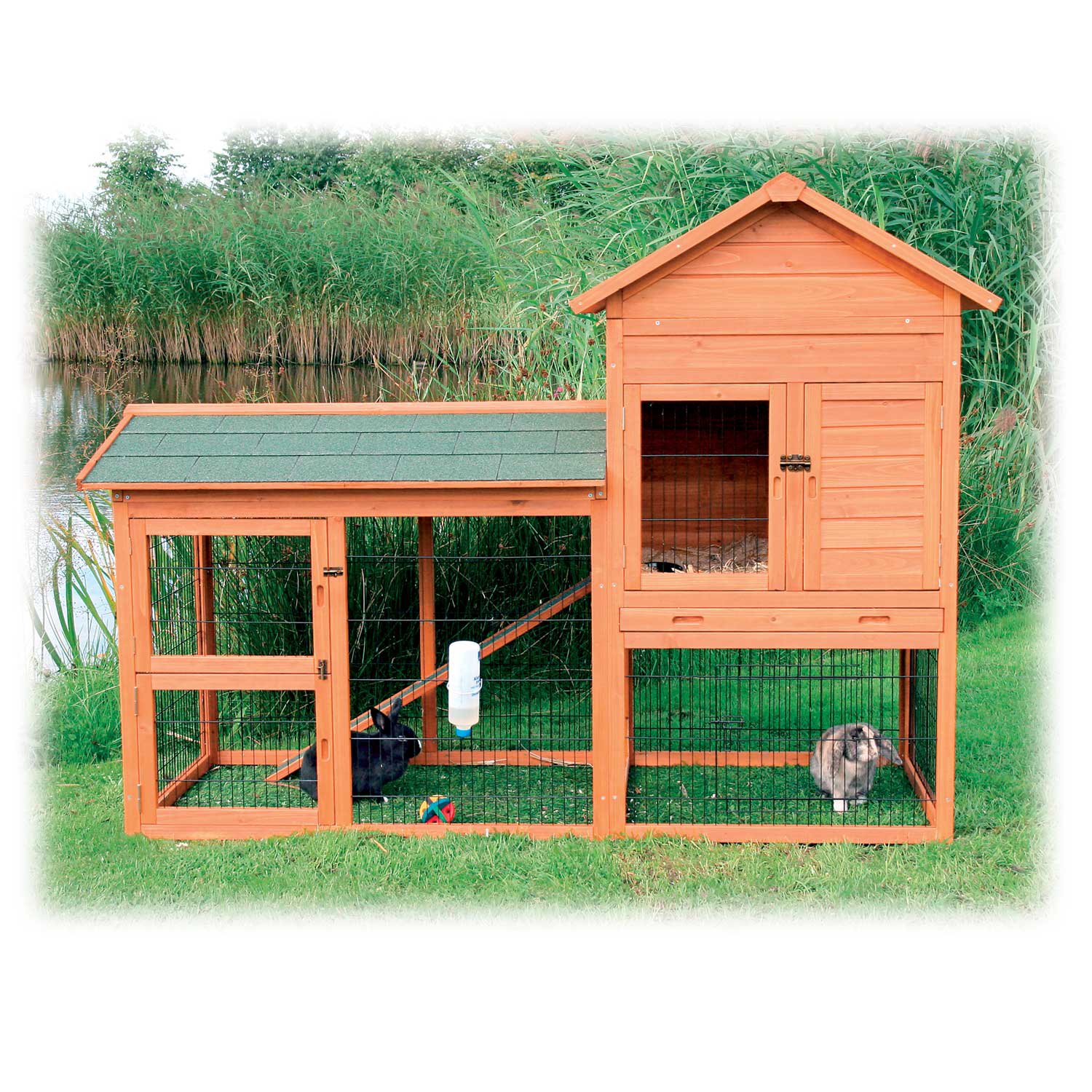 Trixie Natura Two Story Rabbit Hutch with Large Run, 78" L X 58" W X 36