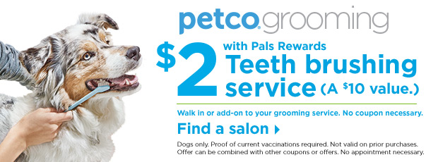 $2 with Pals Rewards. Teeth brushing service (A $10 value.) Walk in or add-on to your grooming service. No coupon necessary. Dogs only. Proof of current vaccinations required. Not valid on prior purchases. Offer can be combined with other coupons or offers. No appointment necessary. Find a salon.