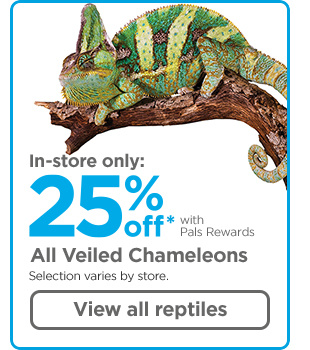 In-store only: 25% off* with Pals Rewards. All Veiled Chameleons. Selection varies by store. View all reptiles.