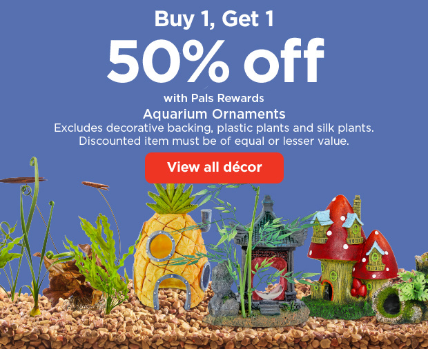 Buy 1, Get 1 50% off with Pals Rewards. Aquarium Ornaments. Excludes decorative backing, plastic plants and silk plants. Discounted item must be of equal or lesser value. View all décor.