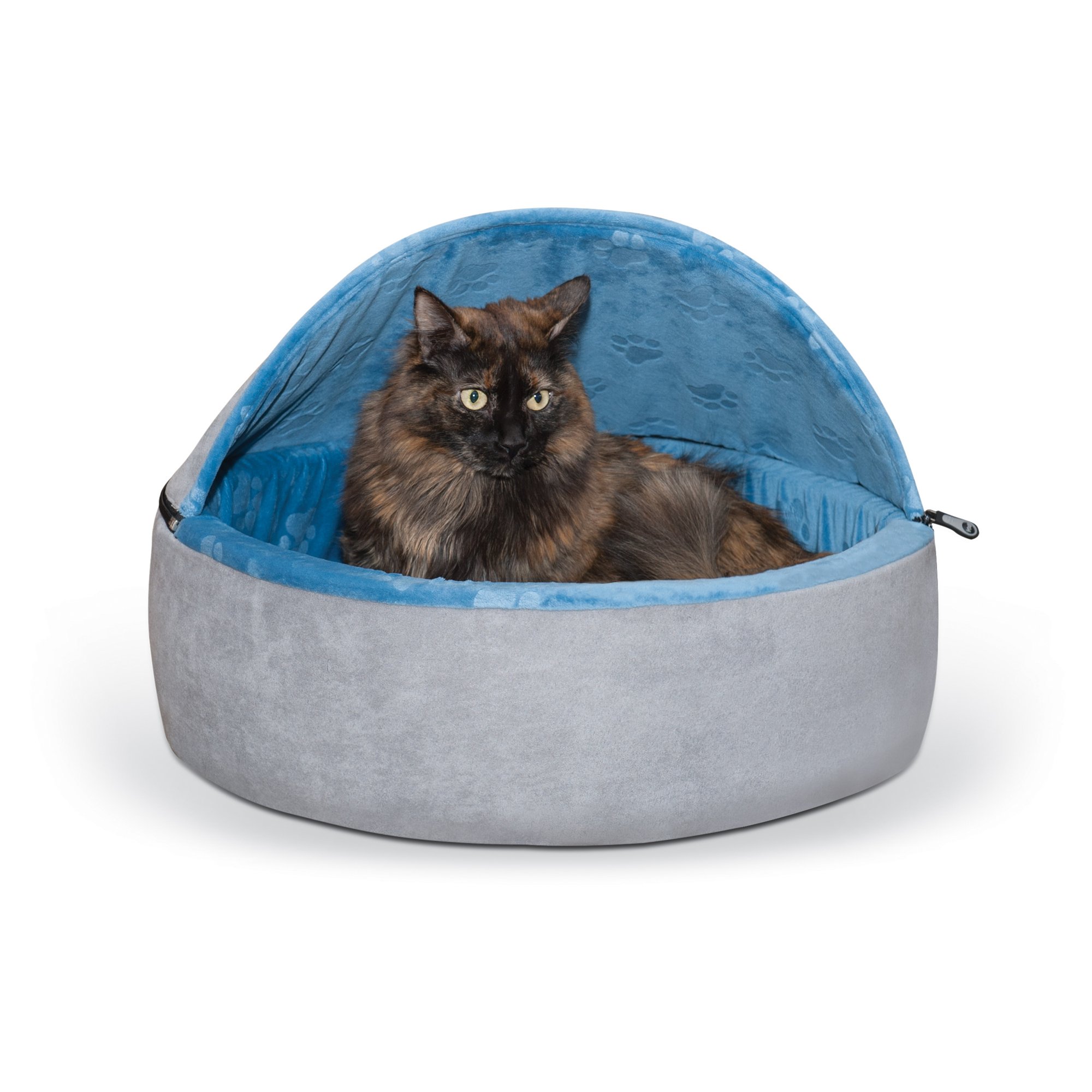 K&H Blue and Gray Self Warming Hooded Cat bed Petco