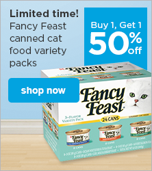 Buy 1, Get 1 50% Off Fancy Feast canned cat food variety packs - shop now