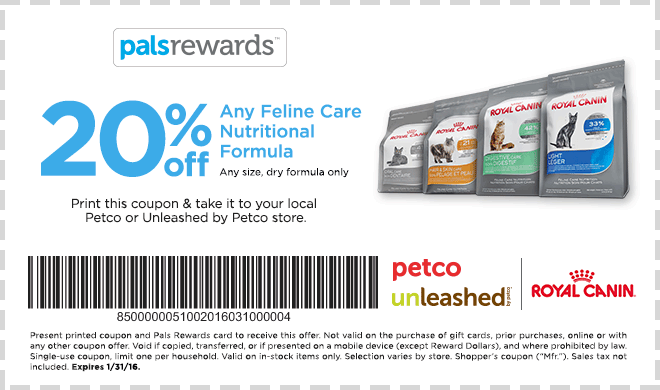 20% off any Feline Care Nutrional Formula Royal Canin dry food.