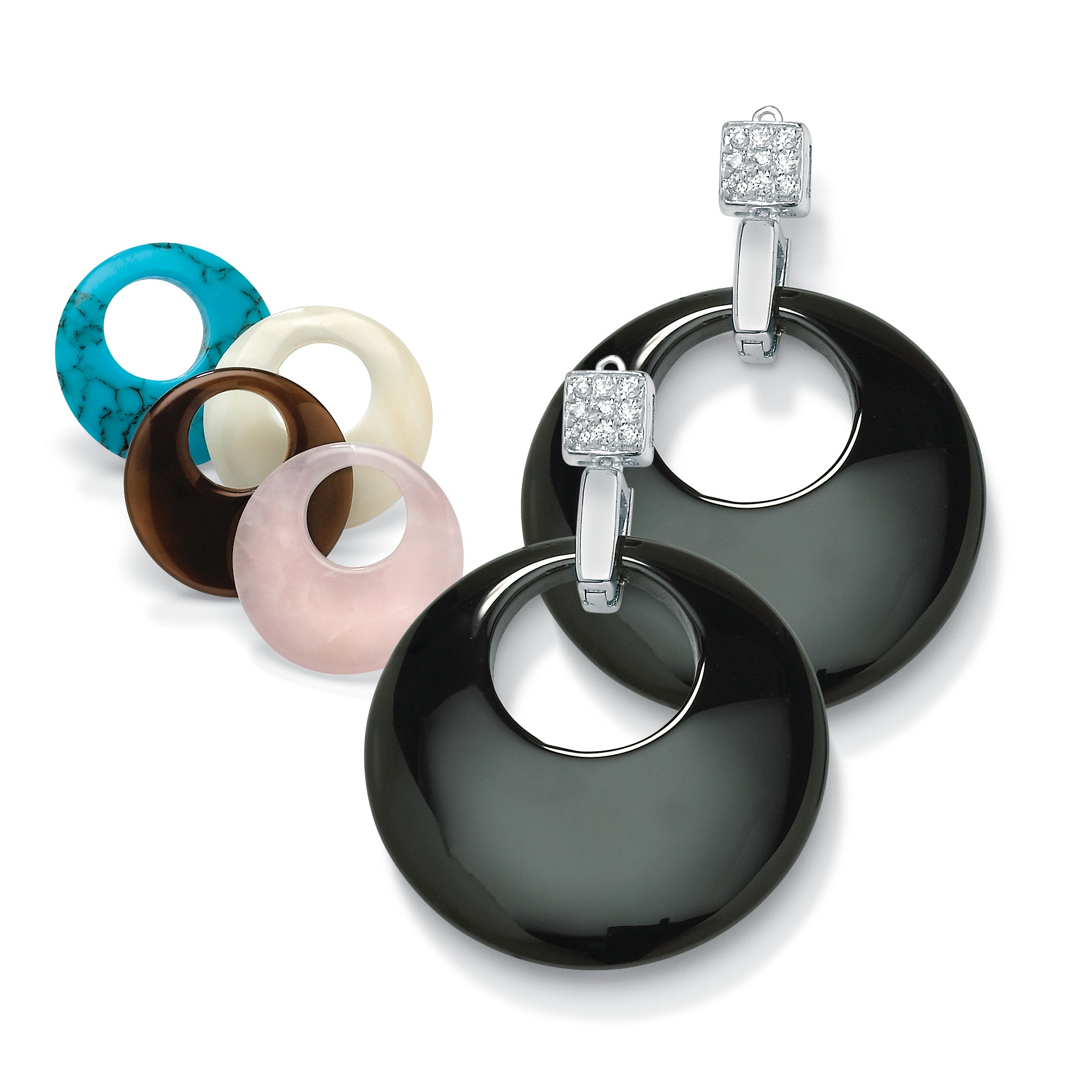 Disc-Shaped Quartz, Mother-of-Pearl and Turquoise Sterling Silver Earrings Set of 5 Pairs