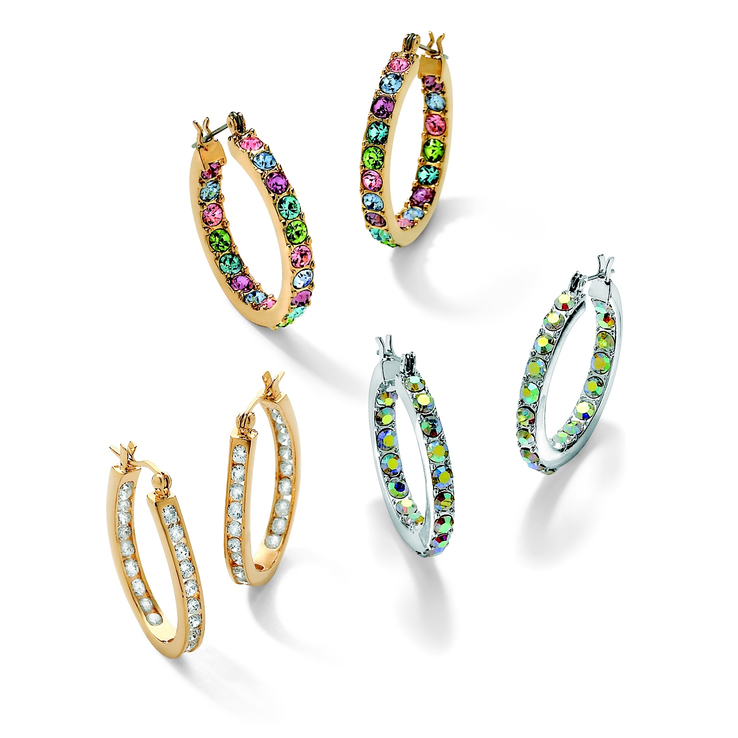 3 Piece Set of Crystal and Cubic Zirconia Inside Out Hoop Earrings in 14k Gold-Plate and Silvertone