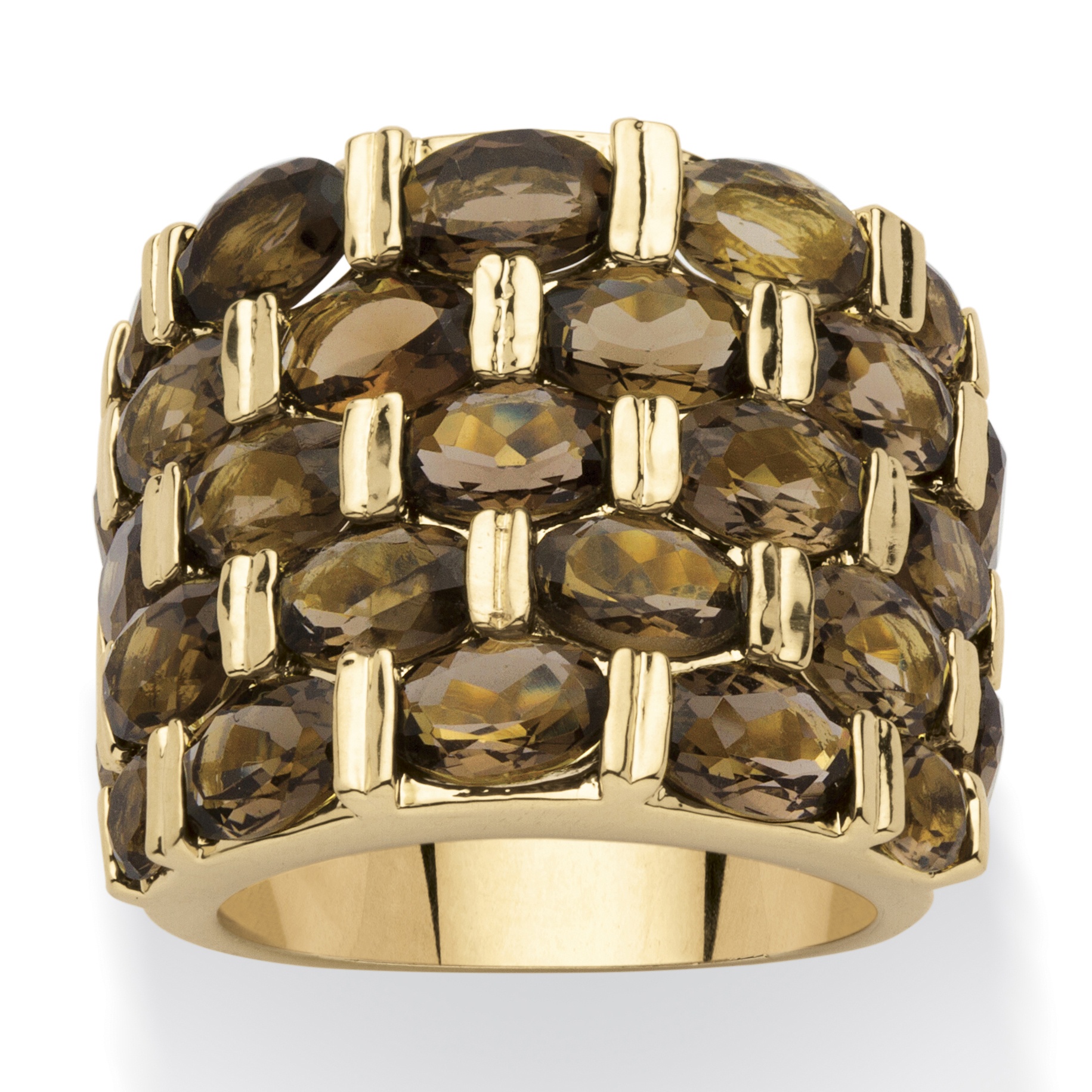 15.07 TCW Round Genuine Smoky Quartz 14k Yellow Gold-Plated Five-Row Ring