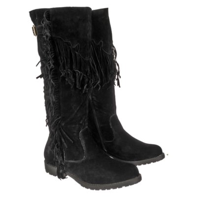 Women's Black Knee High Fringe Pocket Boot Riley01 Shiekh Shoes