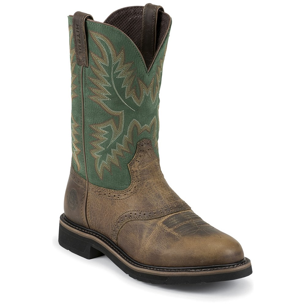 Justin Menâs Rugged Tan Round Toe Work Boots | Skymbu