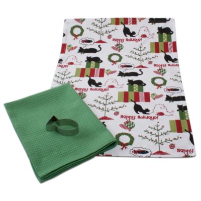 Happy Holidays Cat Dishtowel and Cookie Cutter Set