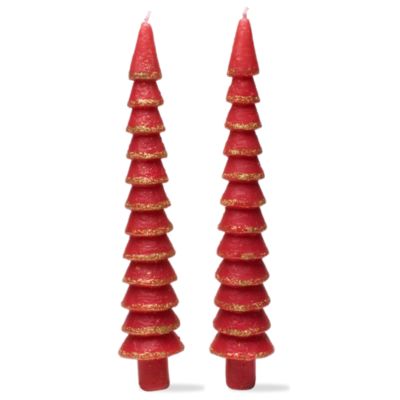Holiday Glitter Tree Red Taper Candle Set of 2
