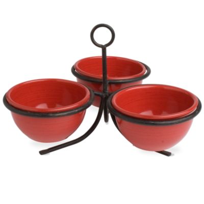 Red 3-bowl Condiment Caddy Set