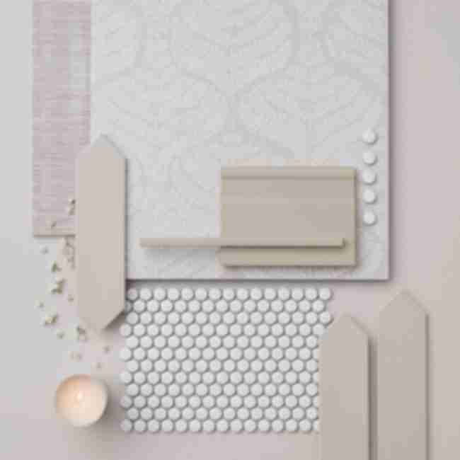 Neutral palette mood board of ceramic and porcelain wall and floor tiles in various shapes and sizes