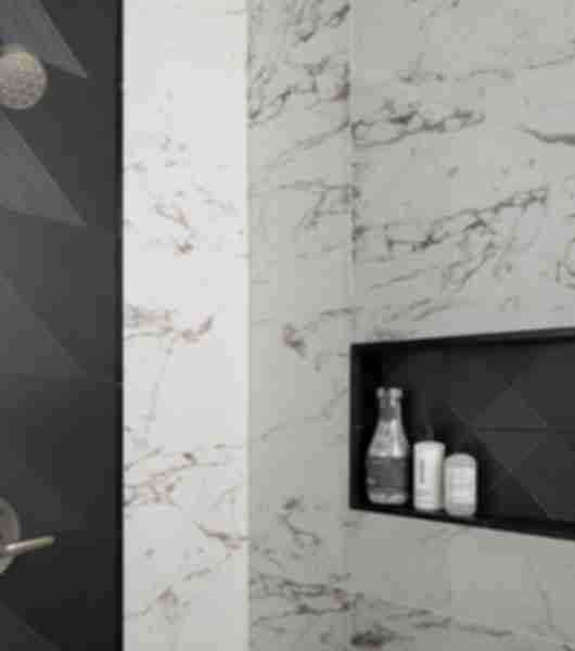 Modern shower with white marble tiled walls and black accent tiled shower niche.
