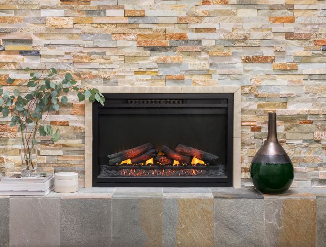 Fireplace with multi-color architectural quartzite tile.