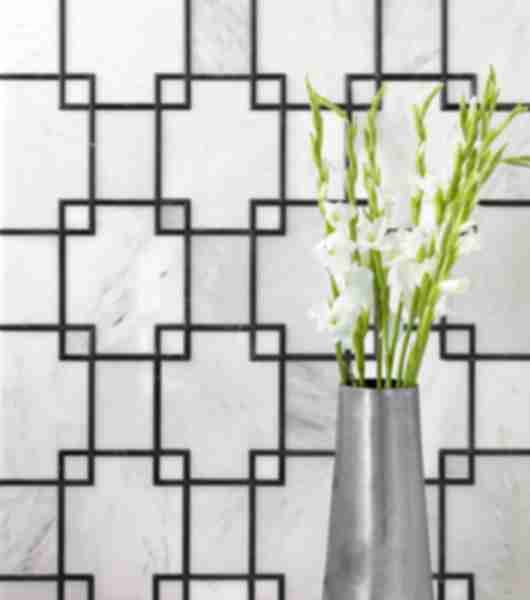 The Hampton Carrara geo mosaic marble tile lends a sharp, high-end look to your space. This sleek white Cararra marble tile is detailed with geometric Noir stone accents that play well with any transitional design.