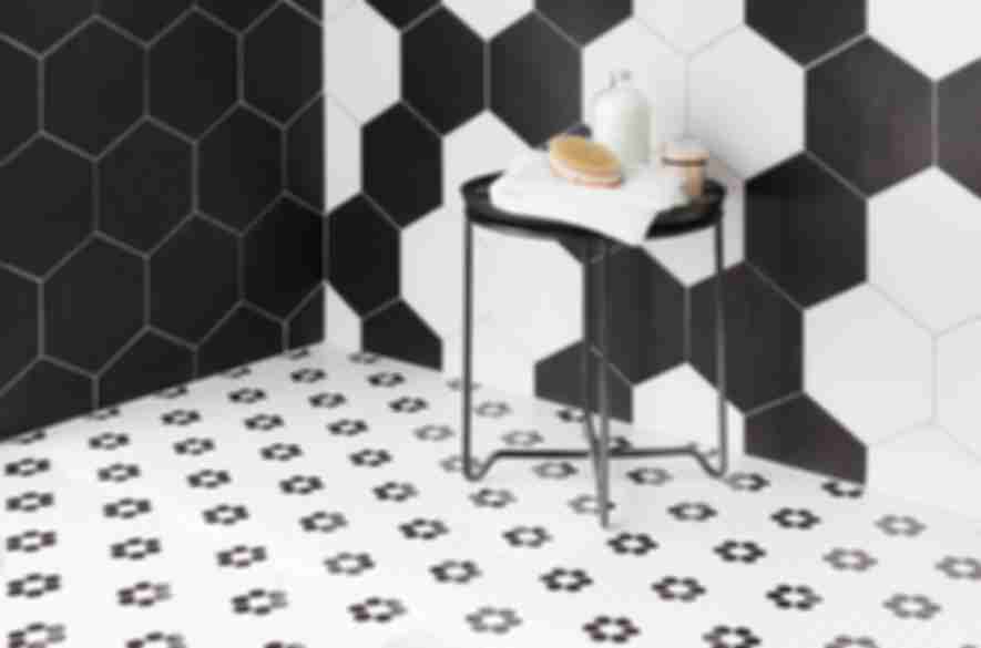 hexagon black and white wall tiles. 