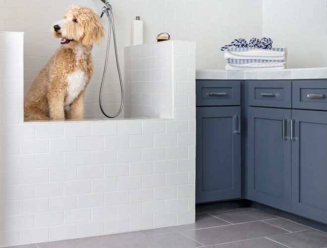 Dog washing station with white subway tile and grey concrete-look floor tile.