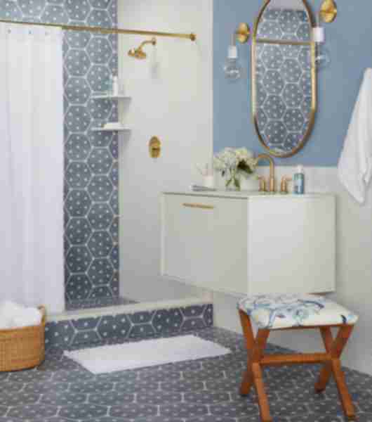 Bathroom with blue hexagon tiles and white penny tile