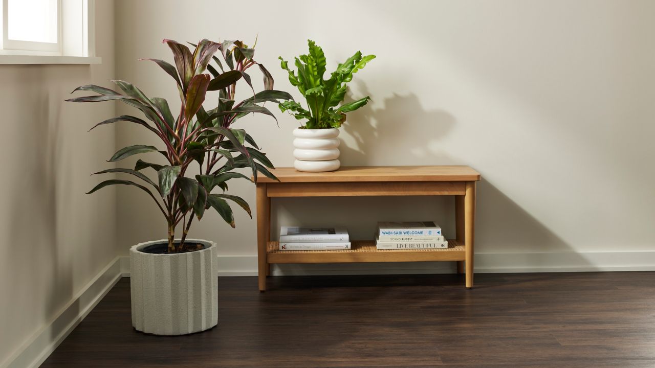 This living space features luxury vinyl wood-look flooring in a rich, dark brown tone. A bench and potted plants share the space.