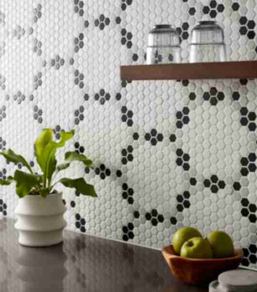 Black, white and grey hexagon mosaic tile backsplash above counter with plant and bowl of apples