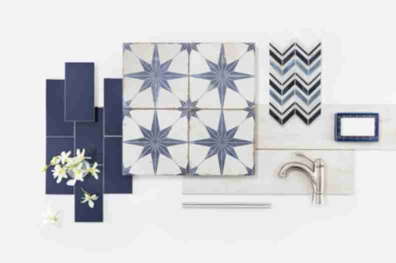 Star blue encaustic-look tile with an assortment of other blue and ivory tile.