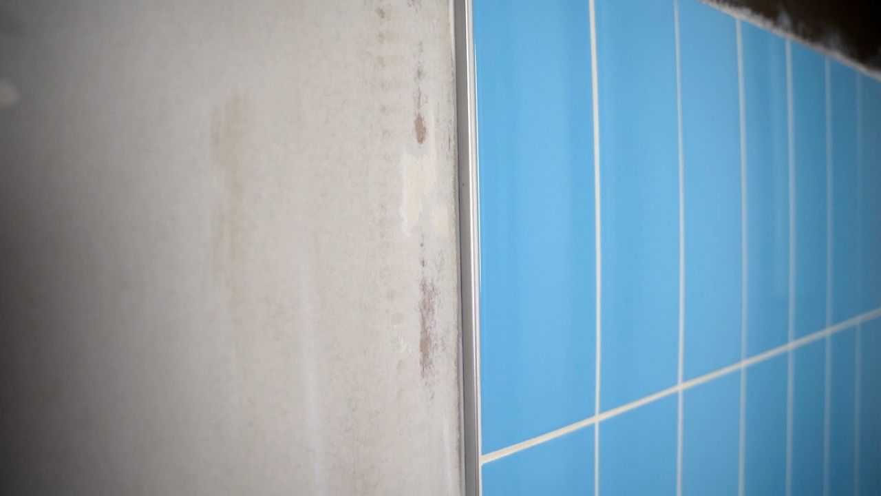 A close up shower wall tile, where a metal profile trim piece has been used to create a streamlined transition between the shower tile and the adjacent drywall.