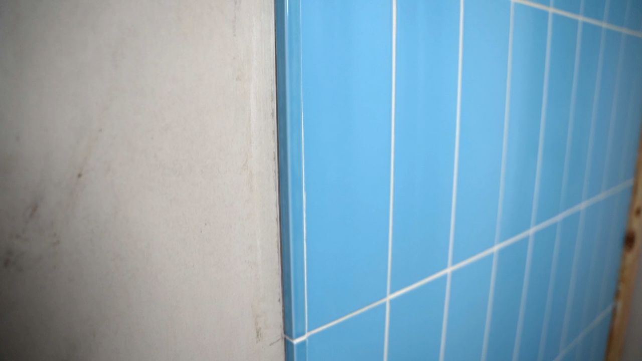 Example of shower wall where coordinating pencil trim tile has been used to finish the perimeter of the tile edges and transition from tile to drywall. 