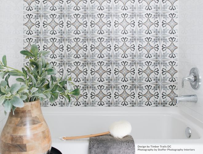 Monochrome patterned shower wall.