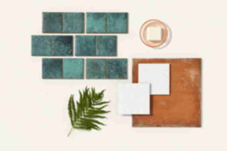 Turquoise tile, brown textured tile, and white patterned tile with Mediterranean style.