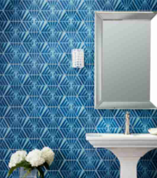 Cobalt and sky blue tones in a webbed patterned encaustic hex tile is used as an accent wall in this bathroom space.