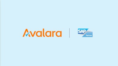 Avalara logo alongside SAP Partner logo on a light blue background.