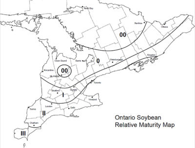 Figure 2. Recommended soybean maturity groups by location for Eastern Canada. Image courtesy of Ontario Ministry of Agriculture, Food, and Rural Affairs. 