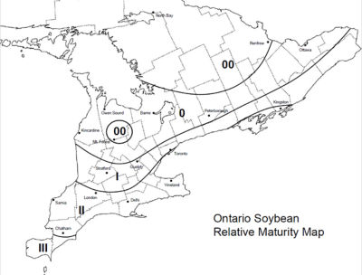 Recommended soybean maturity groups by location for Eastern Canada. Image courtesy of Ontario Ministry of Agriculture, Food, and Rural Affairs. 