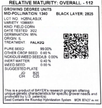 Quality control information contained in seed tags includes the seed lot number, physical purity scores, and the date and score of the warm germination test. Also included are planter recommendations for the specific seed type.