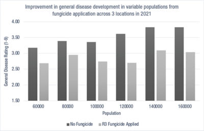 Figure 2. Effect of fungicide on disease development in variable plant populations across 3 locations in 2021.