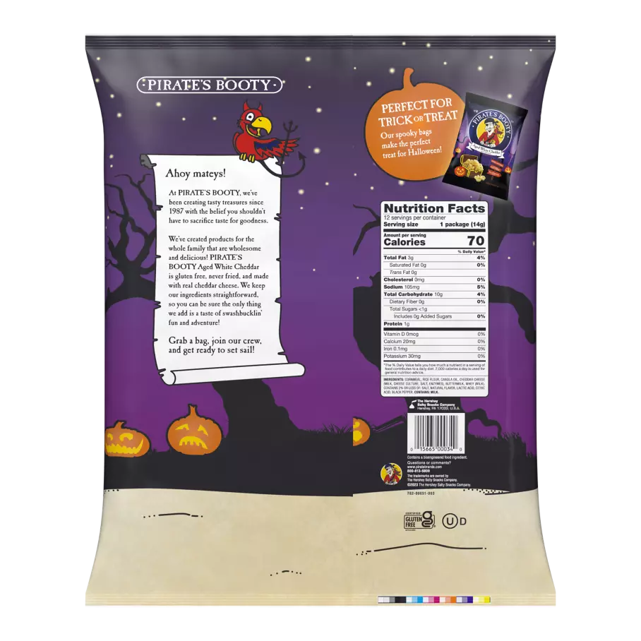 PIRATE'S BOOTY Halloween Aged White Cheddar Rice & Corn Puffs, 0.5 oz bag, 12 pack - Back of Package