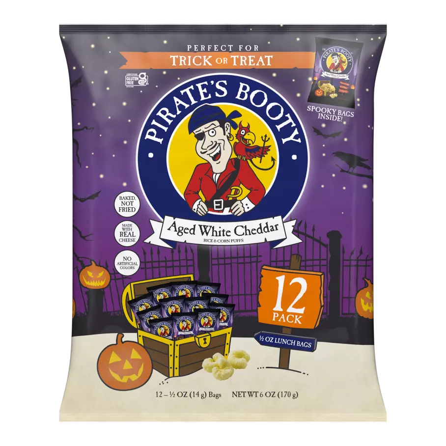 PIRATE'S BOOTY Halloween Aged White Cheddar Rice & Corn Puffs, 0.5 oz bag, 12 pack - Front of Package
