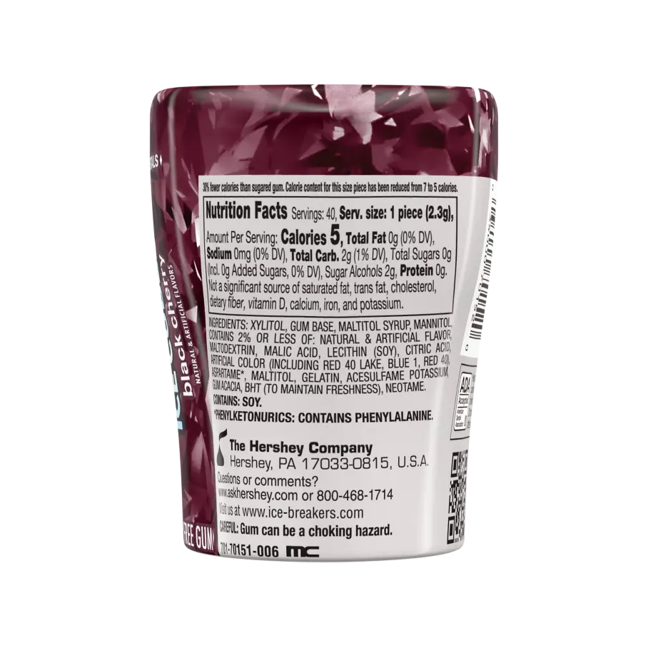 ICE BREAKERS ICE CUBES Black Cherry Sugar Free Gum, 3.24 oz bottle, 40 pieces - Back of Package