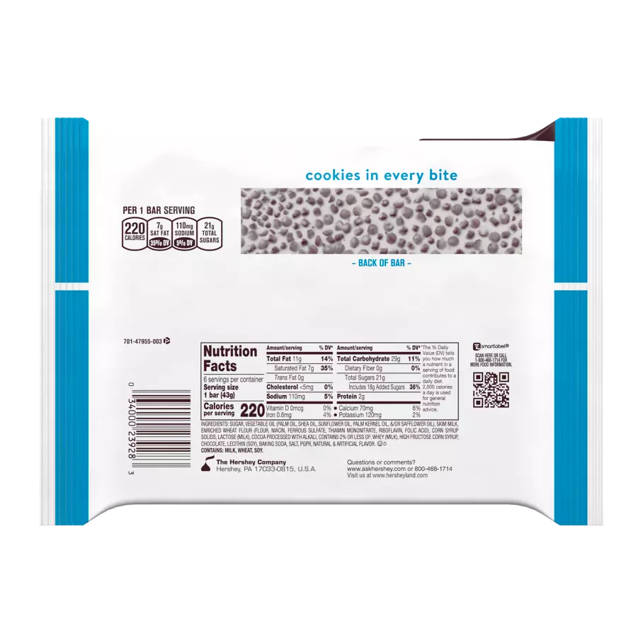 HERSHEY'S Cookies ‘N’ Creme Candy Bars, 9.3 oz, 6 pack - Back of Package