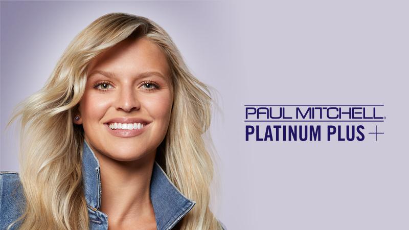 Image of model with blonde hair alongside new Paul Mitchell Platinum Plus Shampoo and Toning Drops. The Paul Mitchell Platinum Plus logo is overlaid.