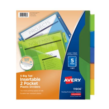 Avery&reg; Big Tab&reg; Insertable Plastic Dividers, Double Pocket, Multicolor, Set Of 5 Tabs