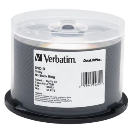 Verbatim DVD-R 4.7GB 8X DataLifePlus Shiny Silver Silk Screen Printable - 50pk Spindle - TAA Compliant