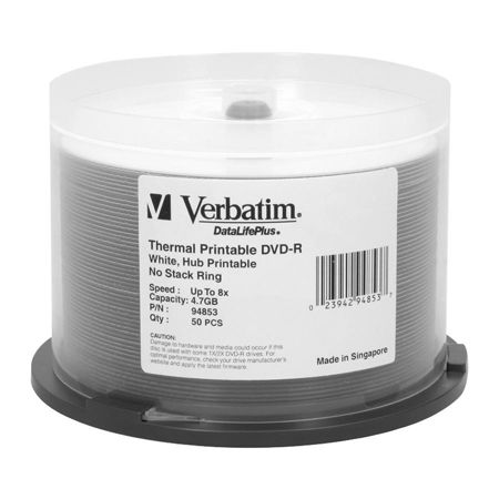 Verbatim DVD-R 4.7GB 8X DataLifePlus White Thermal Printable, Hub Printable - 50pk Spindle - TAA Compliant