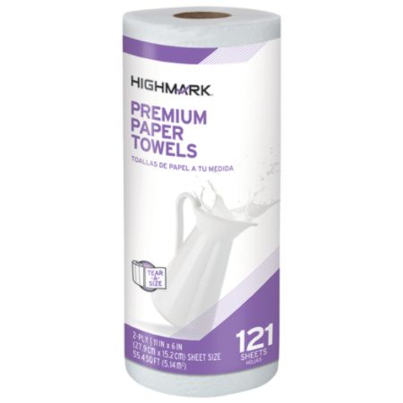 Highmark&trade; Premium 2-Ply Tear-A-Size Kitchen Roll Towels, White, 121 Towels Per Roll, Case Of 24 Rolls