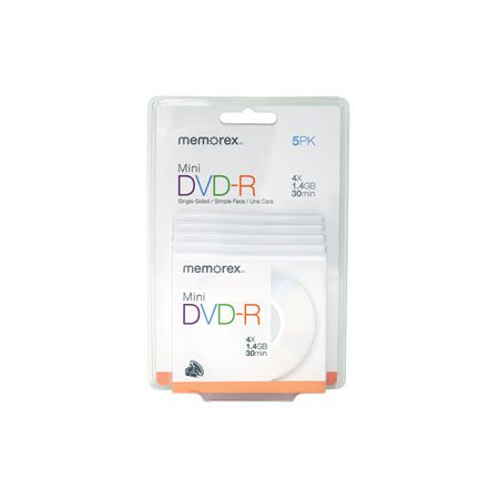 Memorex&reg; Mini DVD-R Media With Jewel Cases, 1.4GB/30 Minutes, Pack Of 5